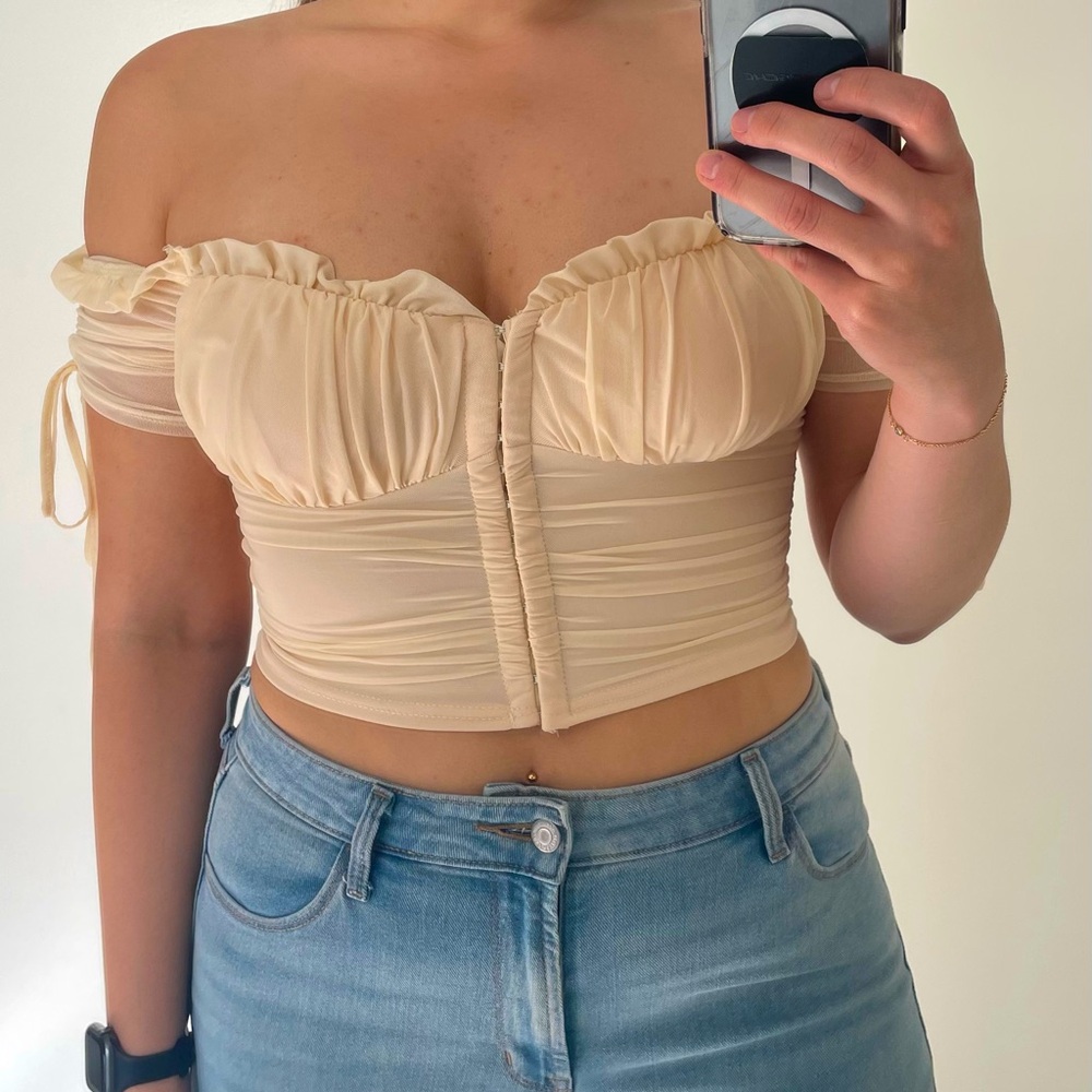 Beige Mesh Off-The-Shoulder Corset Top